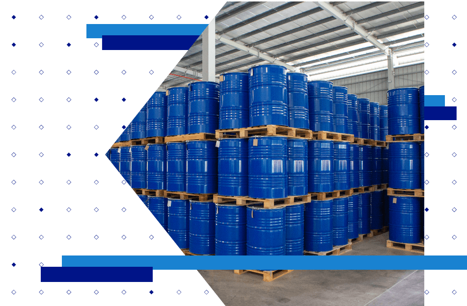 Warehouse stocked with drums of Breckenridge Technologies raw materials