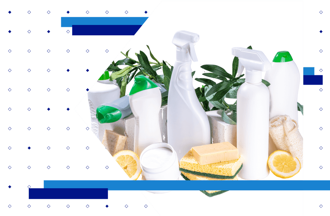 Cleaning product bottles, sponges, and soap